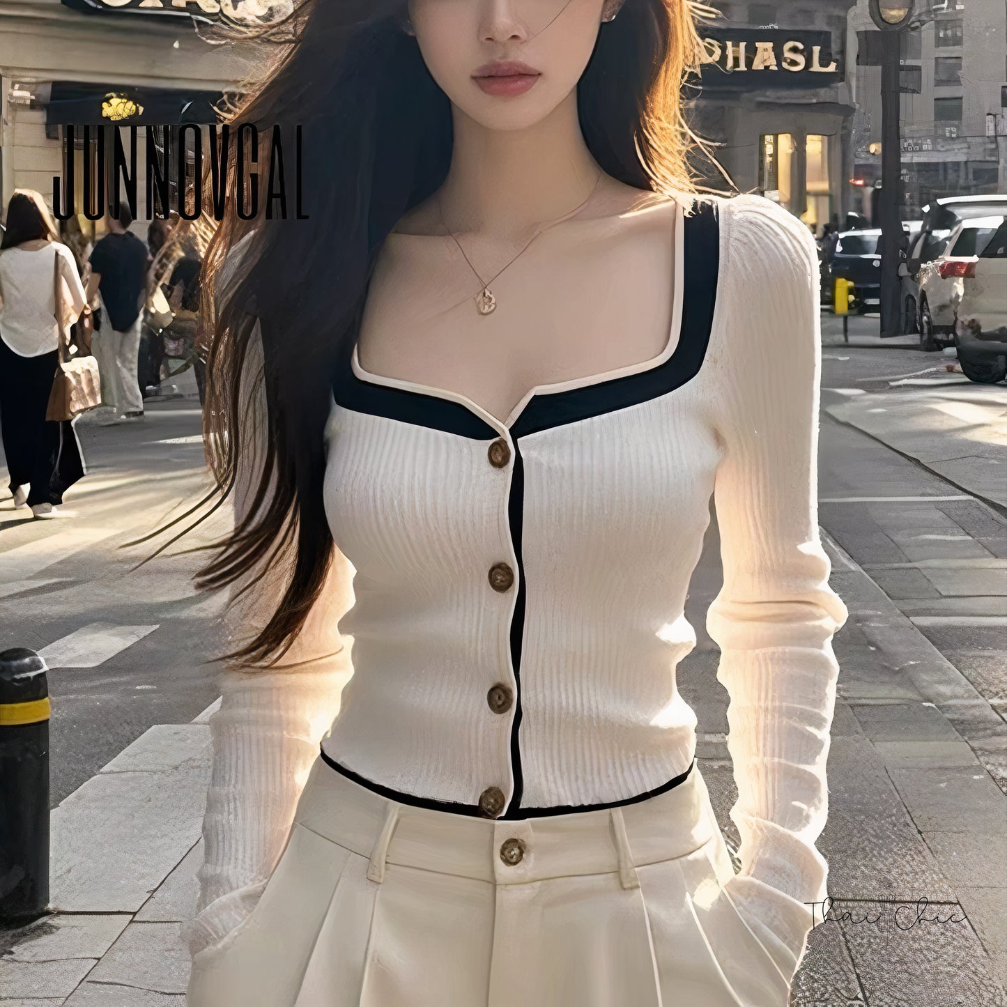 Square Neck Contrast Trim Knit Button Top