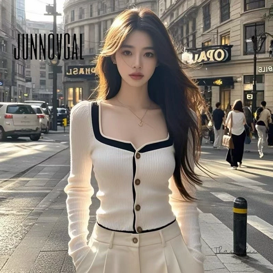 Square Neck Contrast Trim Knit Button Top