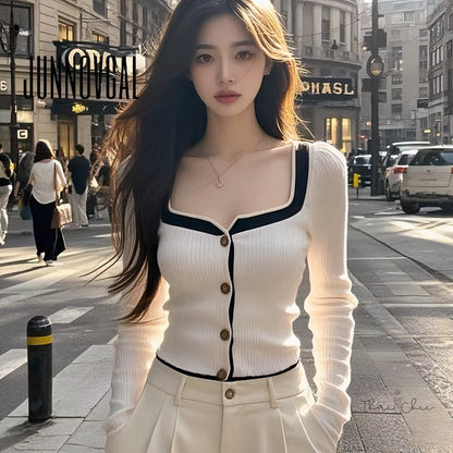 Square Neck Contrast Trim Knit Button Top