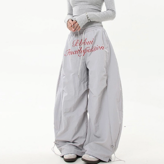 Letter Embroidery Panel Wide Pants