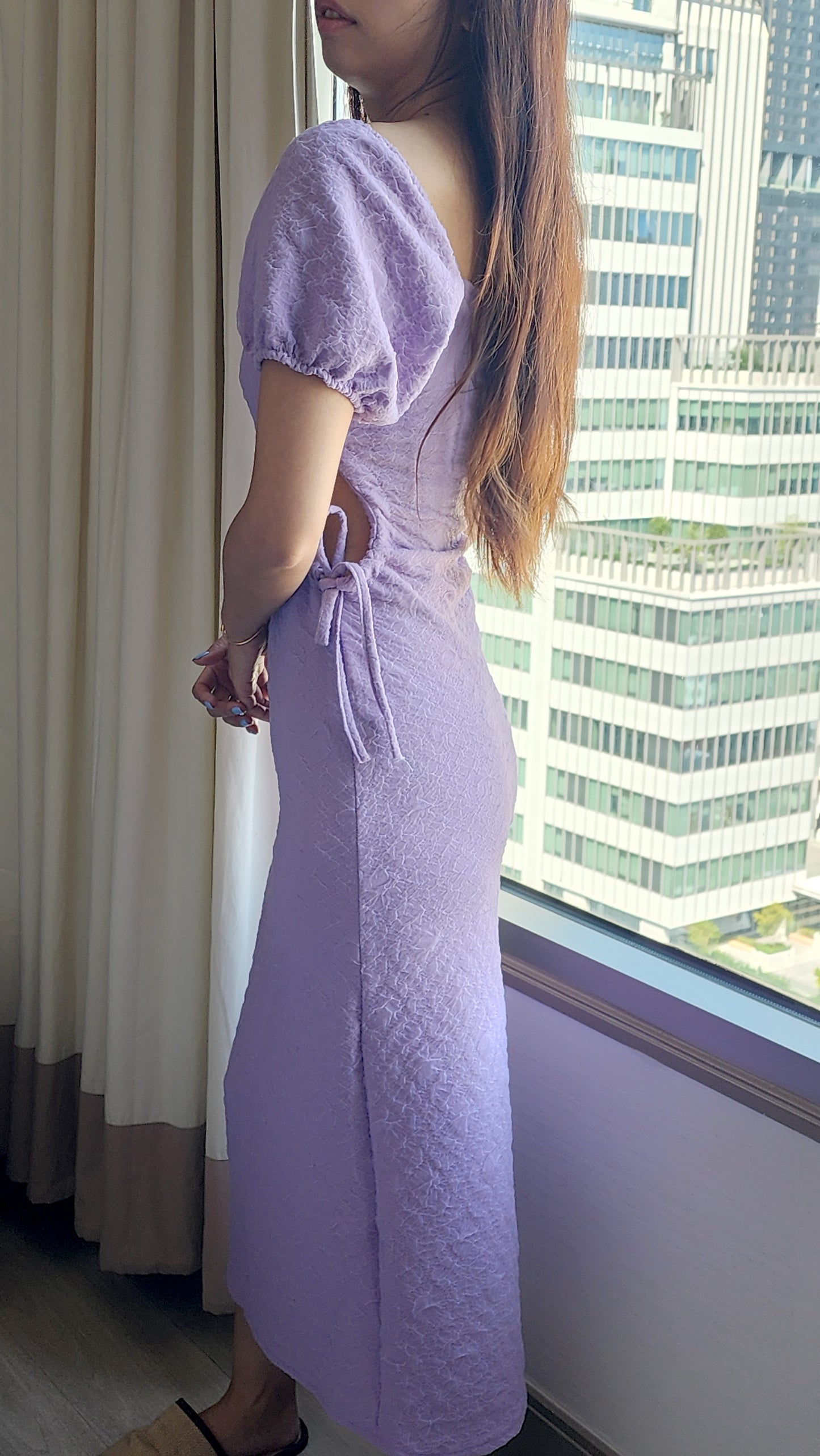 Square-Neck Short-Sleeve Tie-Waist Maxi Dress